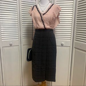 Pink Crepe Wrap Blouse with Black Lace Detailing and Ruffle Sleeves